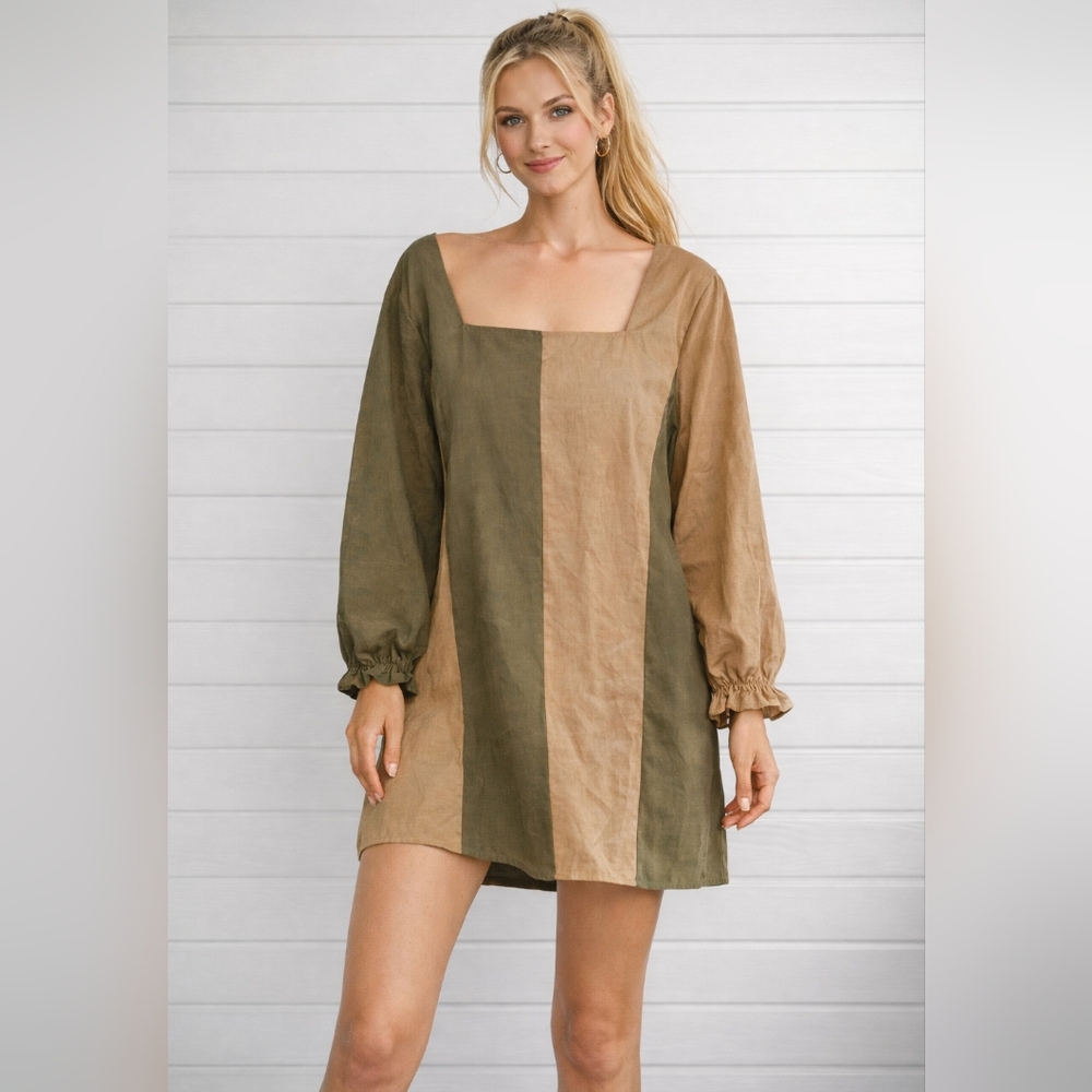 Lovelo  NWT Color Block Olive and  Taupe Long Sleeve Square Neck Mini Dress L